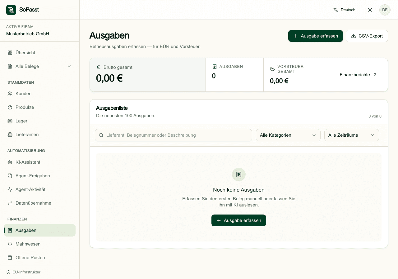Ausgabenübersicht in SoPasst mit Erfassungsaktion, Filtern und Belegliste