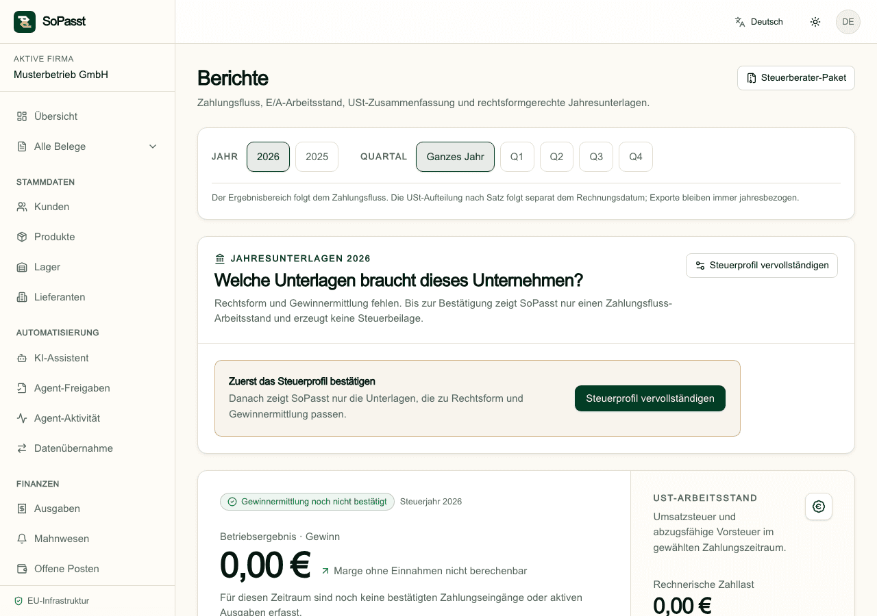 Berichte in SoPasst mit Zeitraum, Auswertung und Exportaktionen