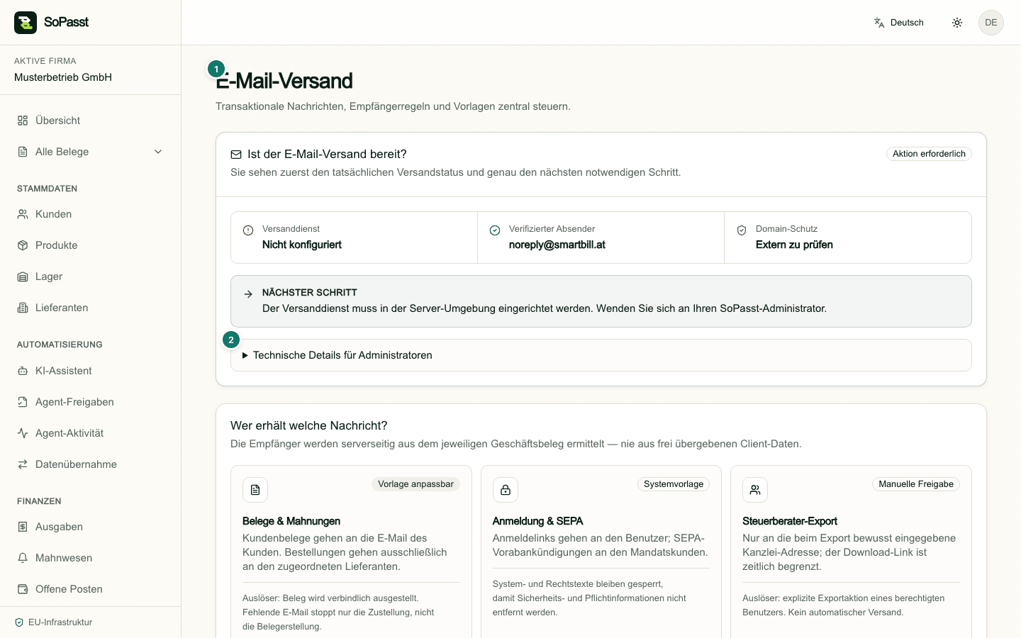 E-Mail-Einrichtung in SoPasst mit Status und technischen Details