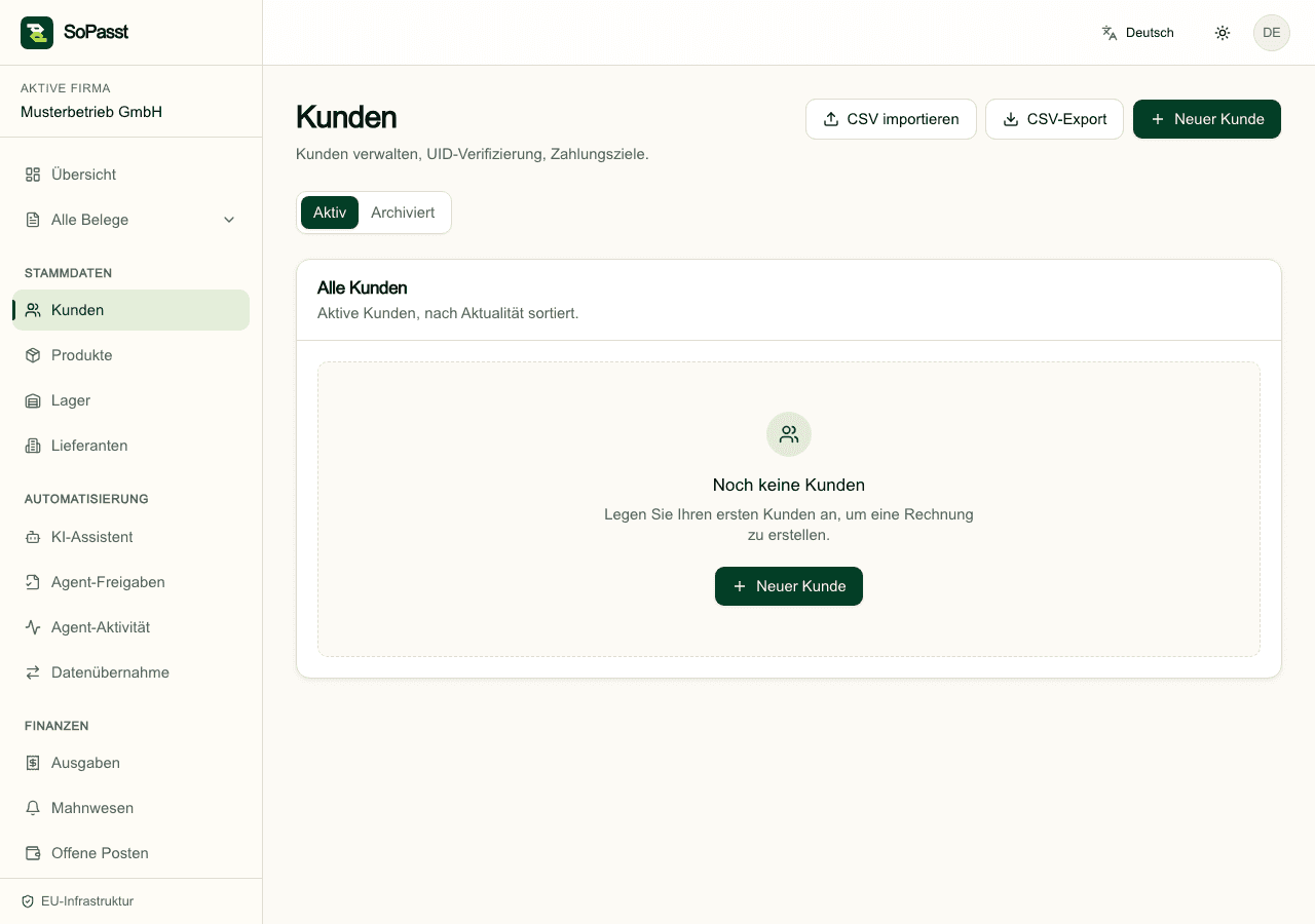 Kundenübersicht in SoPasst mit Import, Export und primärer Erstellaktion