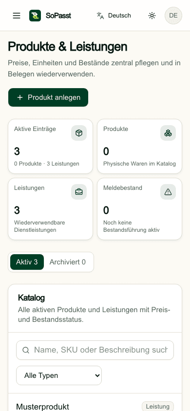 Mobile Produktliste in SoPasst mit kompakten Kennzahlen, Suche und beschrifteter Produktkarte
