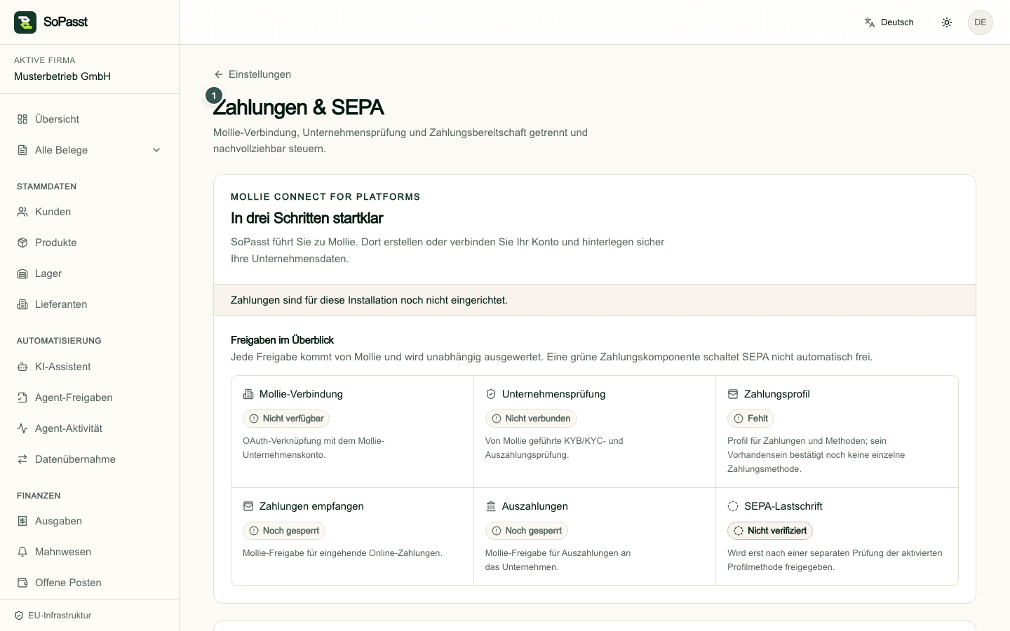 Zahlungseinstellungen in SoPasst mit Bereitschaft und Anbieterhinweisen